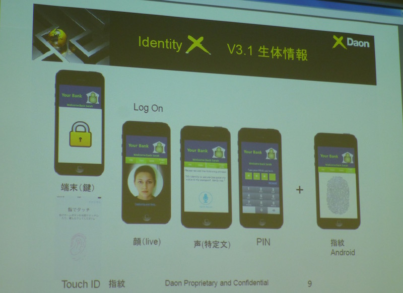 写真⑥　出入国管理や国民ID向けシステムを手掛けるDaon社は、顔画像、PIN入力、音声、TouchIDなど複数の認証手段に対応したモバイルバンキング認証プラットフォーム「Identity X」を紹介。MasterCard、バークレイズ、Citiなどで導入されている
